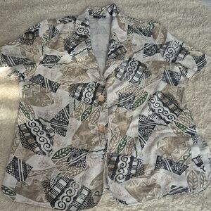 Vintage Toffy Block Print Flax Blazer 16 Short Sleeve Tribal Plus Size Jacket